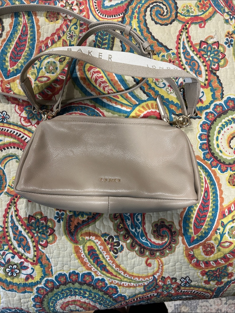 Ted Baker Beige Leather Shoulder Bag with Branded Strap and crossbody Strap